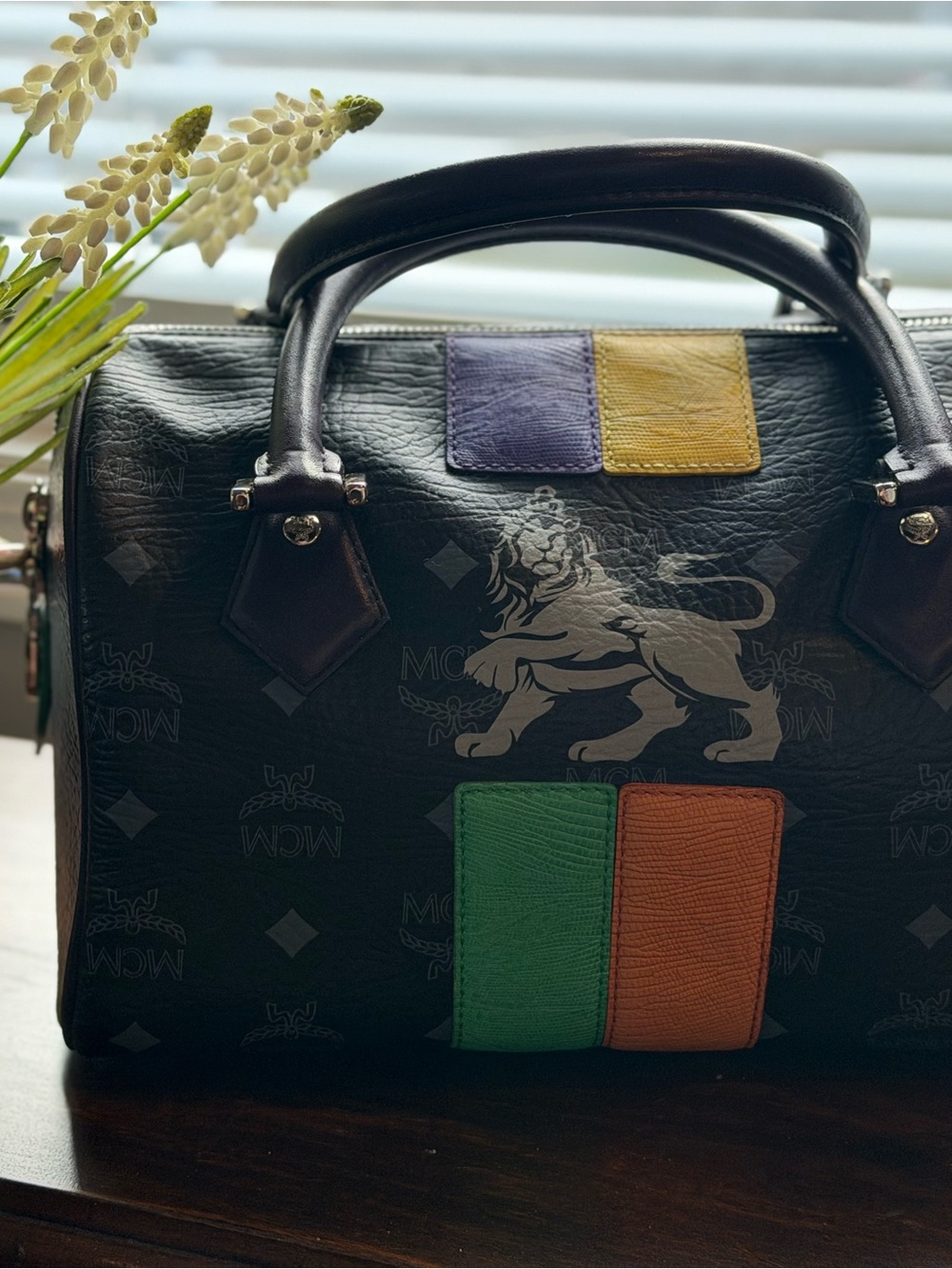 MCM Visetos Lion Princess Boston Bag Black in Leather
